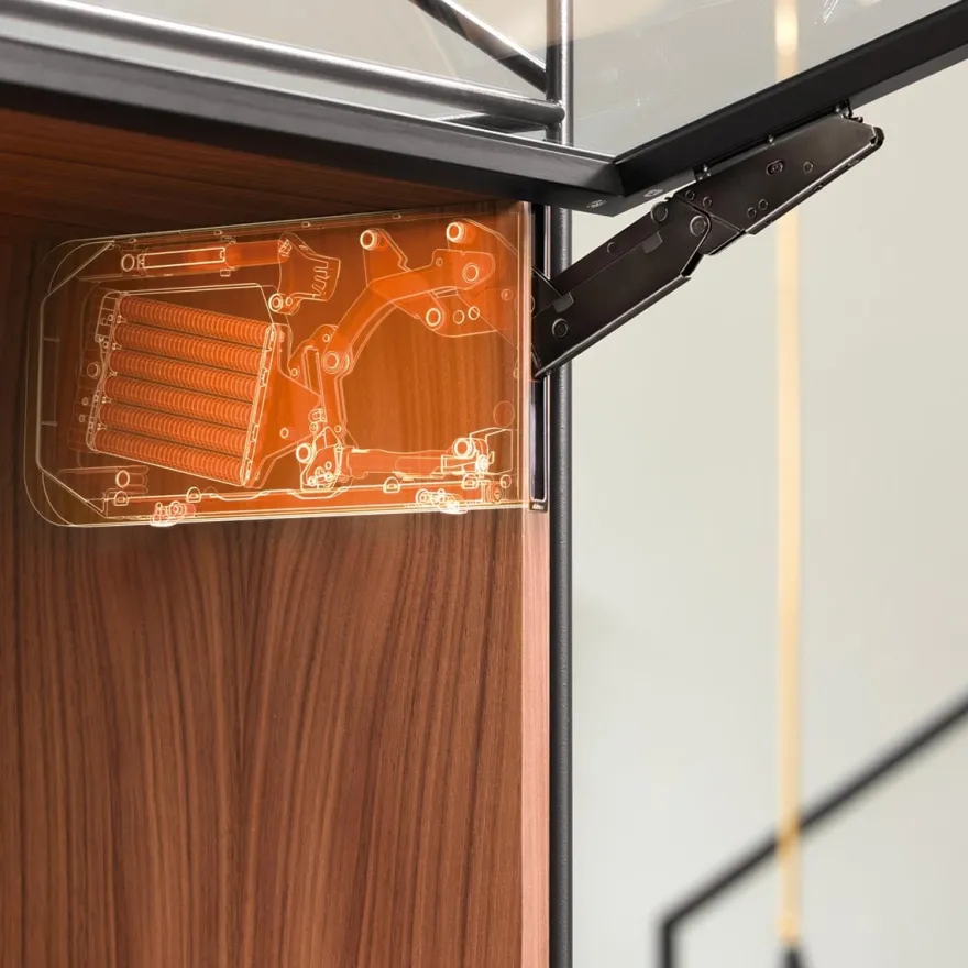 Aventos BLUM HKI modelo minimalista embutido al canto para puertas abatibles