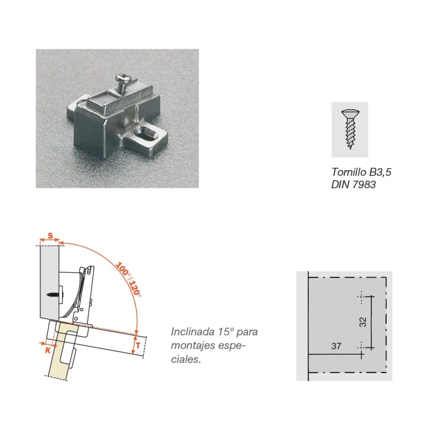 Base inclinable para montajes especiales para bisagras Salice Serie 200