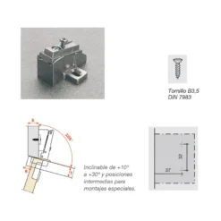 Base inclinable para montajes especiales para bisagras Salice Serie 200