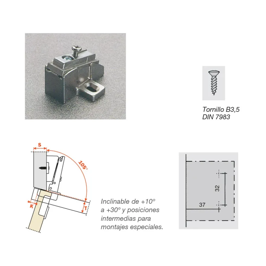 Base inclinable para montajes especiales para bisagras Salice Serie 200