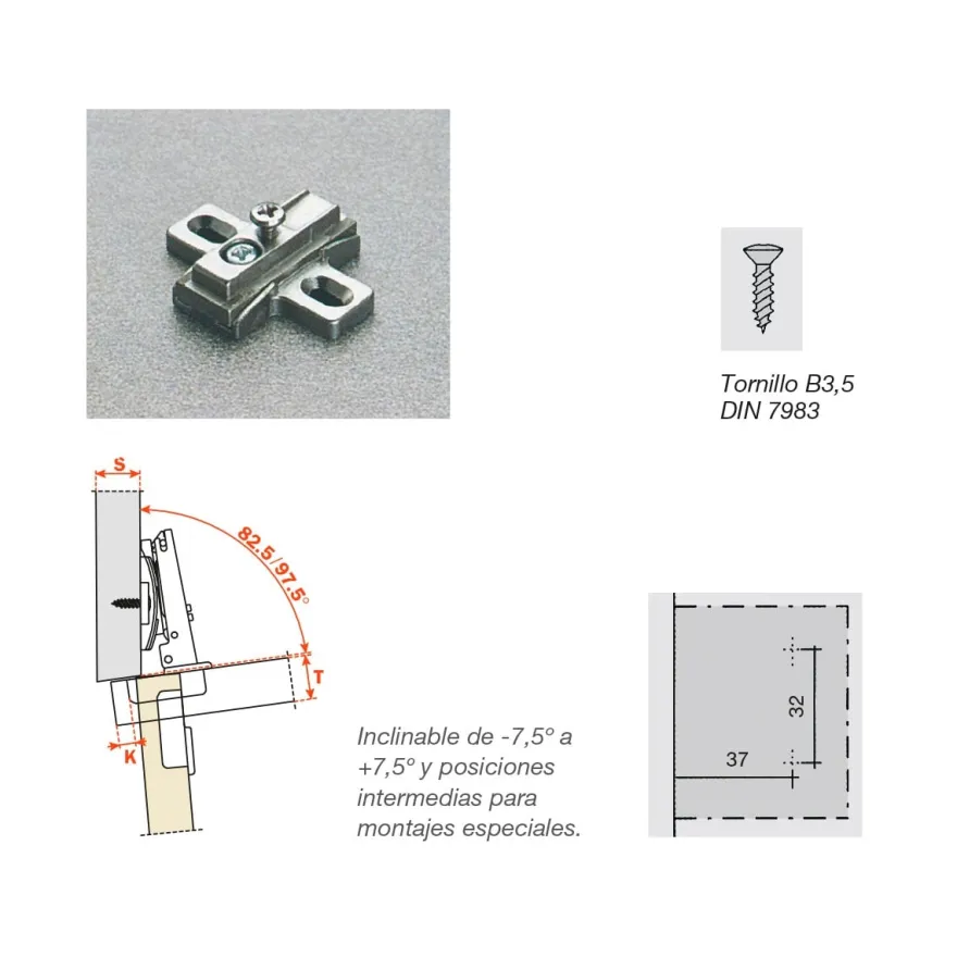 Base inclinable para montajes especiales para bisagras Salice Serie 200