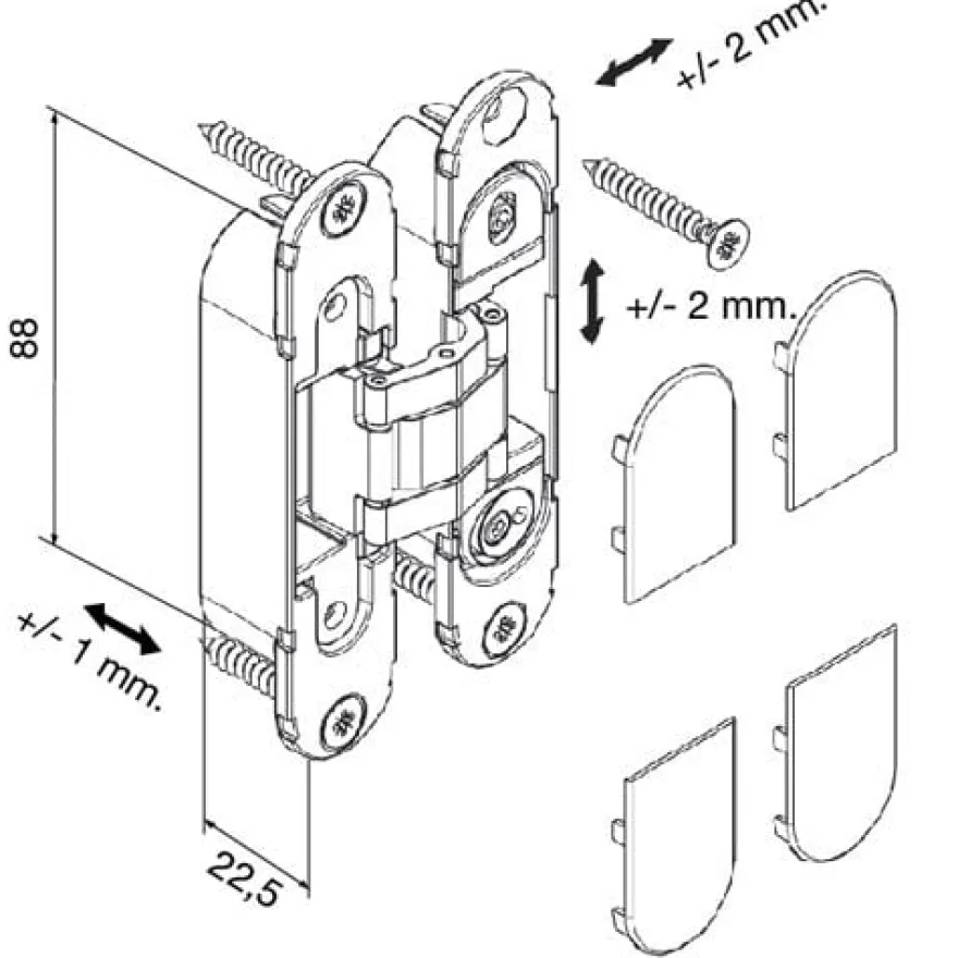 Bisagras KUBI-7 K-7000 con 7 pivotes regulable sobre 3 ejes de 40/50Kg. Apertura 180º