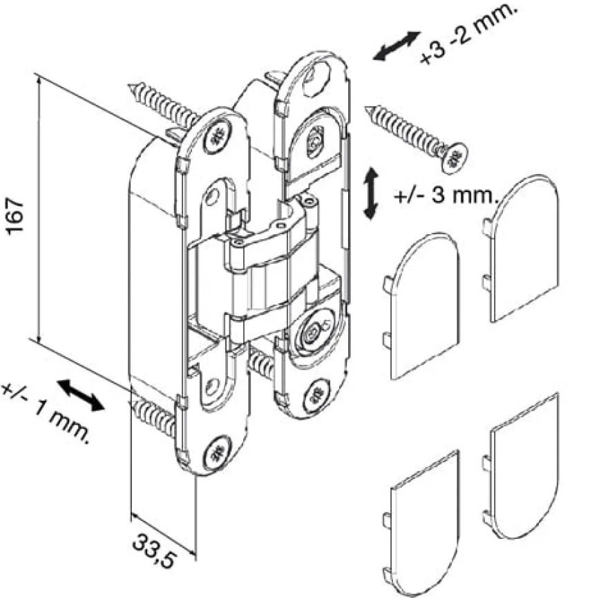 Bisagras KUBI-7 K-7120 con 7 pivotes regulable sobre 3 ejes de 120/140Kg. Apertura 180º