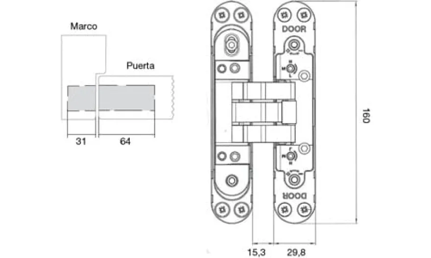 Bisagras KUBI 7 Kubica Twist con muelle 7 pivotes regulables sobre 3 ejes de 60Kg. Apertura 180º