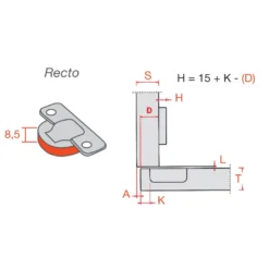 Bisagras Recta SALICE Push serie 200 de Ø35mm. y apertura 155º con sistema de expulsion PUSH para puerta enrasada a costado. Especial fenólico.