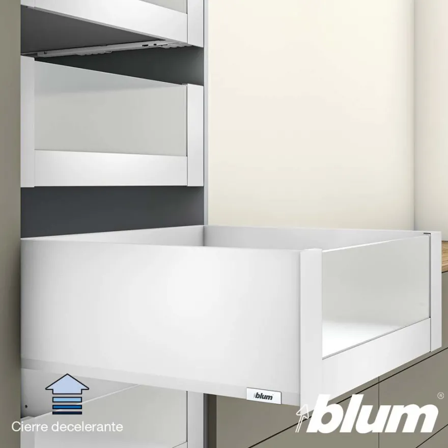 Blum MERIVOBOX – Perfil metálico E para cacerolero interior con frente de vidrio h=184 mm.