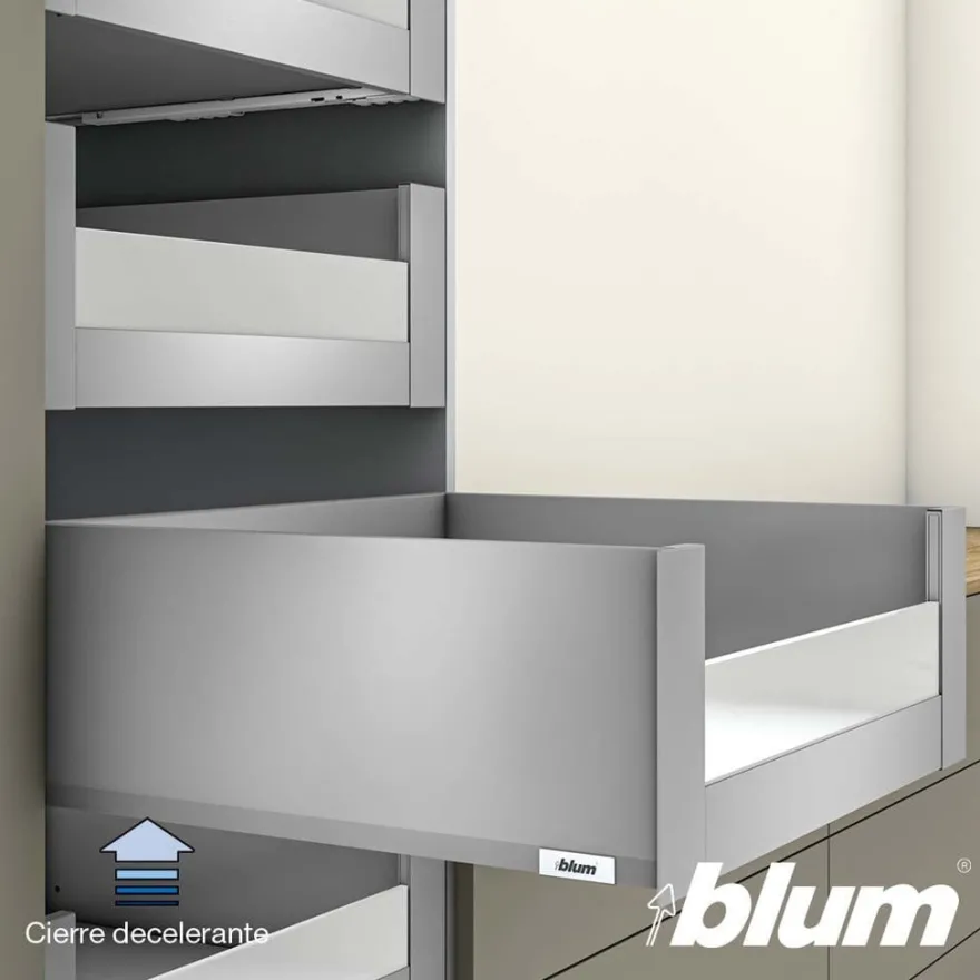 Blum MERIVOBOX – Perfil metálico E para cacerolero interior con frente de vidrio h=184 mm.