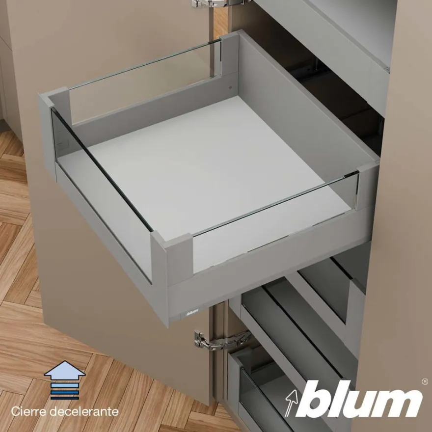 Blum MERIVOBOX – Perfil metálico M para cacerolero interior con lateral y tirador de vidrio h=184 mm