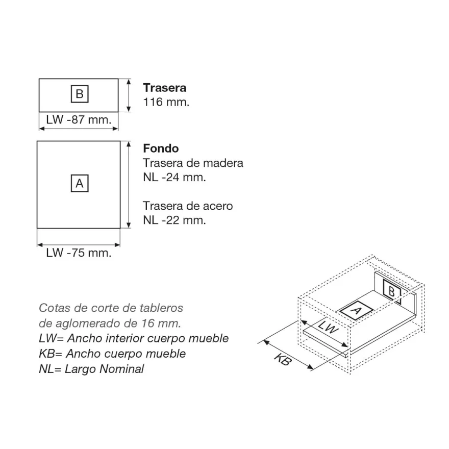 BLUM Tandembox Antaro - Kit completo cajón interior con cierre decelerante BLUMOTION - Perfil K=115,6 mm. - Máx. 30 Kg.