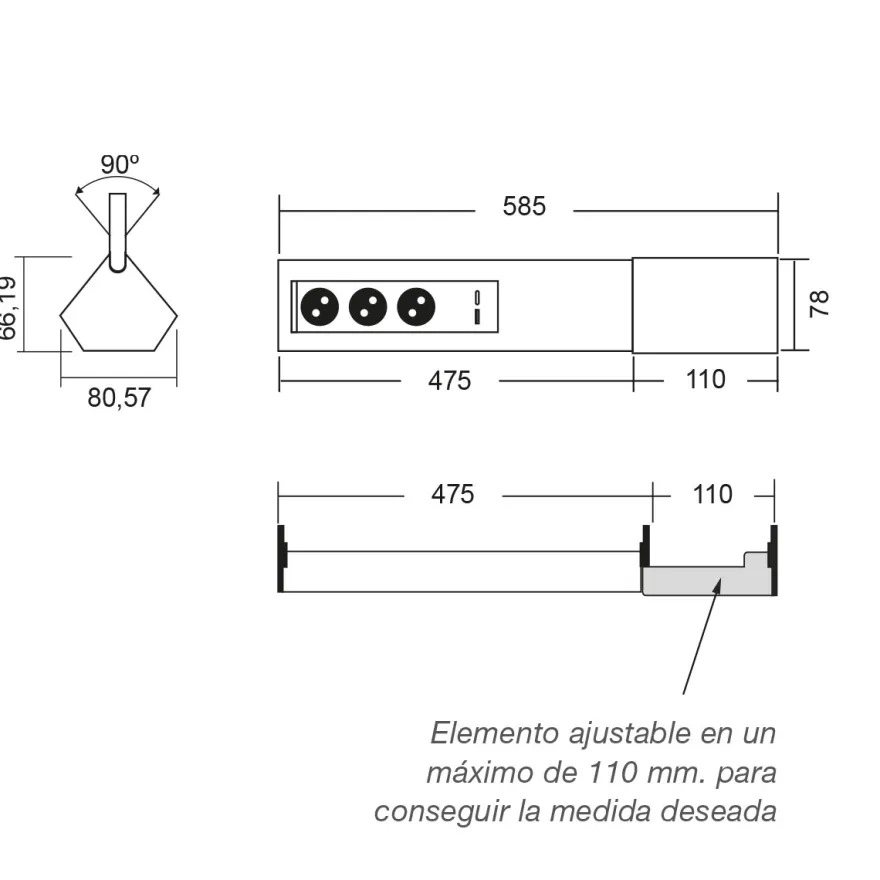 CASIA 2 - Regleta sobrepuesta ajustable para rincones con enchufes y USB