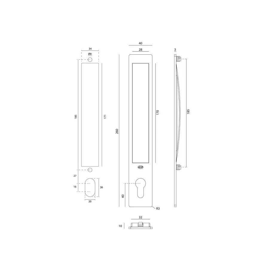 Cazoleta semi embutida para puerta corredera con cilindro europeo
