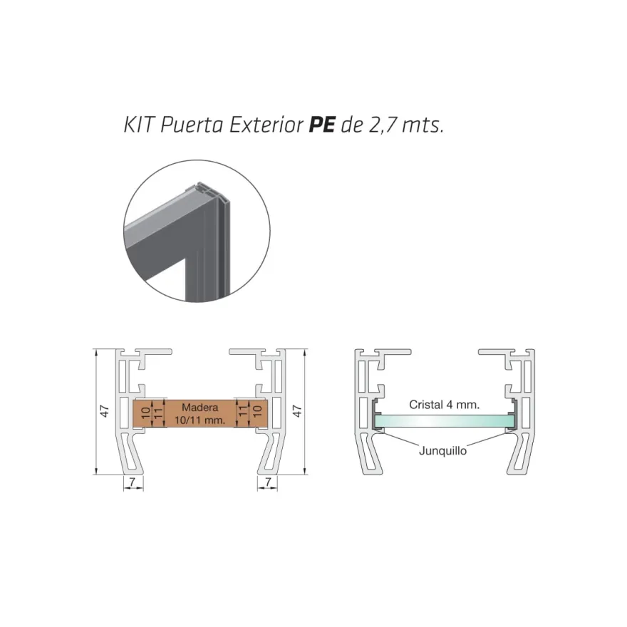 CLASS - Perfiles verticales para puertas revestidas de aluminio de madera (10 mm) o cristal (4 mm)