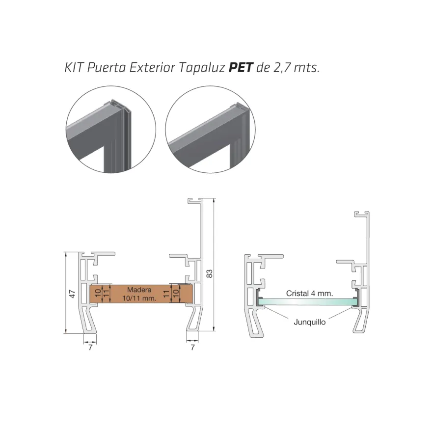CLASS - Perfiles verticales para puertas revestidas de aluminio de madera (10 mm) o cristal (4 mm)