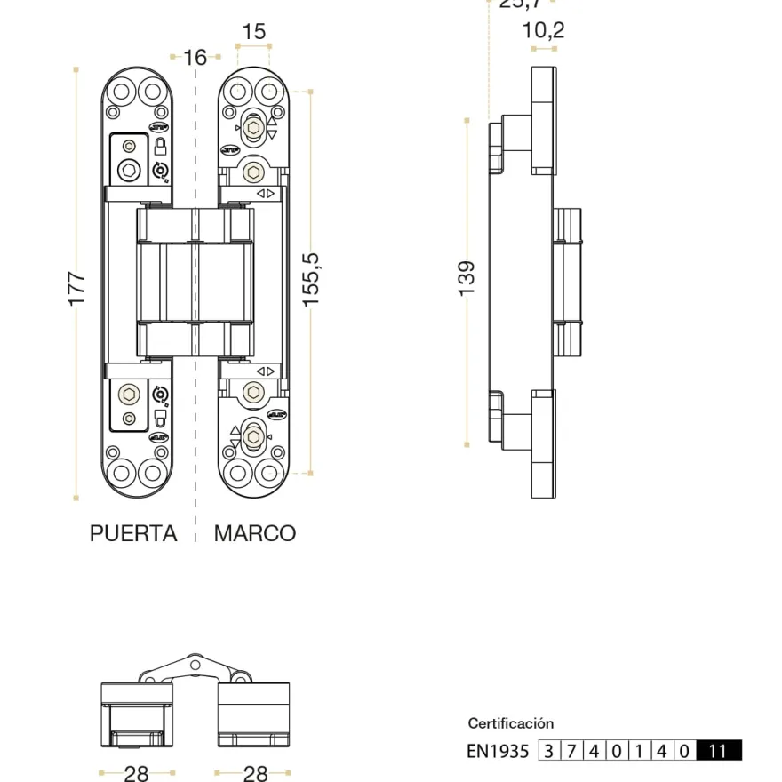 COPLAN 175 - Bisagra oculta JNF hasta 120 Kg. 120º y protección RF
