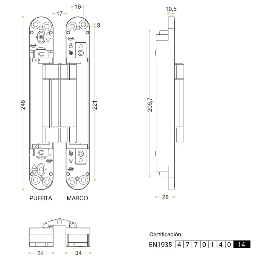 COPLAN 245 - Bisagra oculta JNF hasta 190 Kg. 120º y protección RF