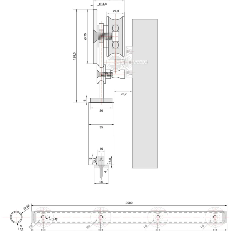 FABIO - Kit accesorios + barra de 2 mts. para puertas correderas de madera de 1 metro hasta 120 Kg.