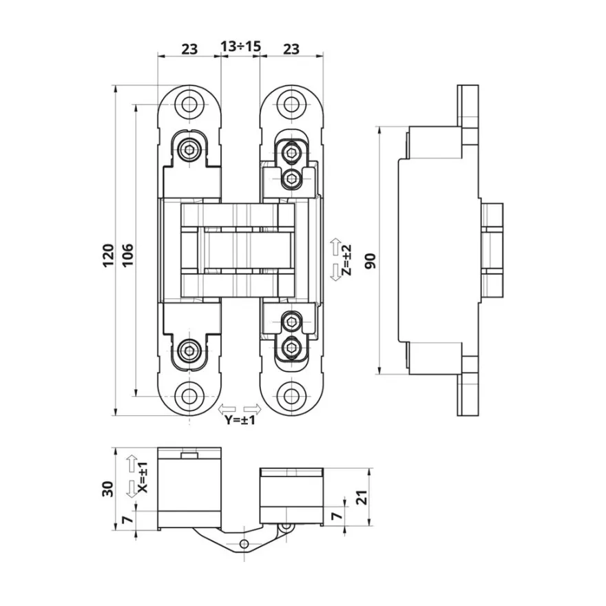 IN230 - Bisagra oculta ajustable para puertas enrasadas de 60 Kg. Apertura 180º
