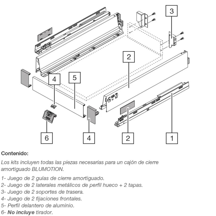 Kit para cajón interior BLUM Tandembox Antaro con cierre decelerante BLUMOTION - Perfil M=83,6 mm. 30/65Kg.