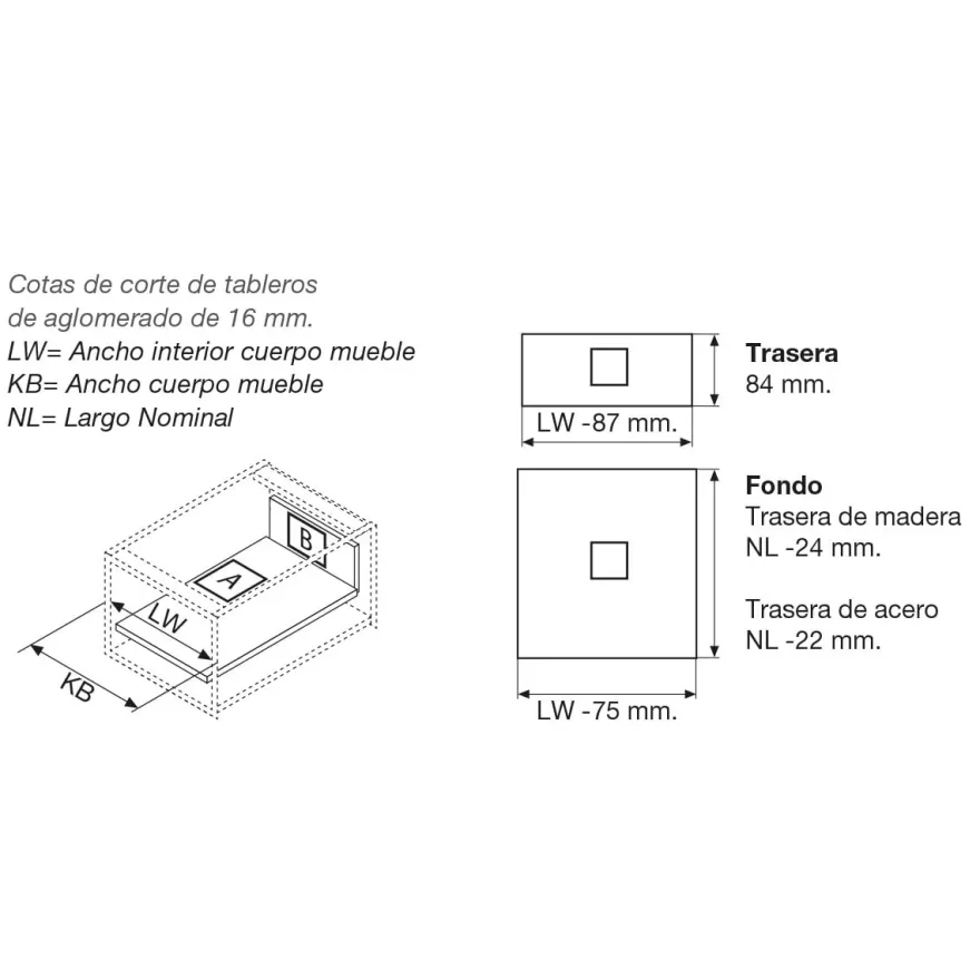 Kit para cajón interior BLUM Tandembox Antaro con cierre decelerante BLUMOTION - Perfil M=83,6 mm. 30/65Kg.