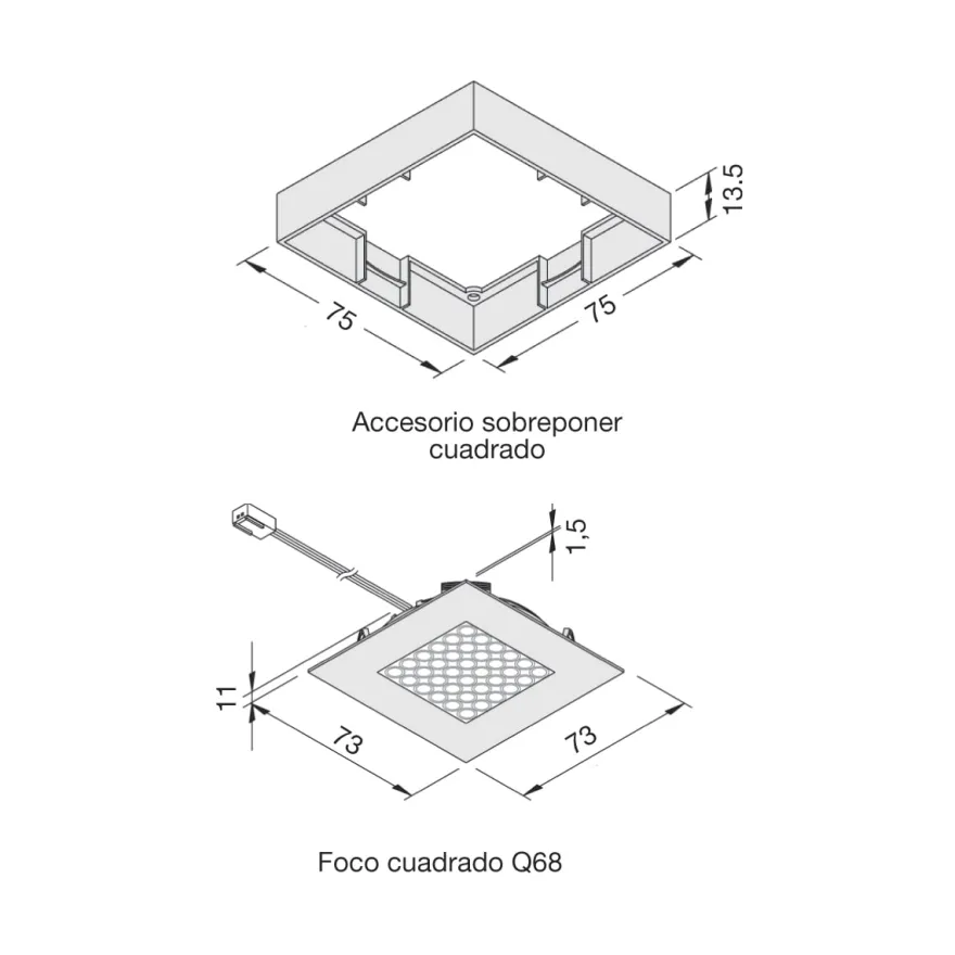 LED R 68 / Q 68 - Foco para mueble redondo o cuadrado Sobreponer o empotrar a 24V