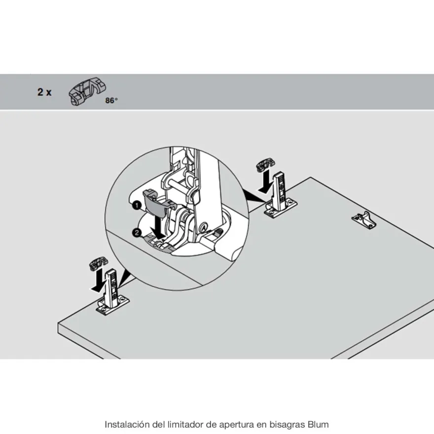 Limitador de apertura a 86º para bisagras Blum a 110º para costados de 16 y 19 mm.