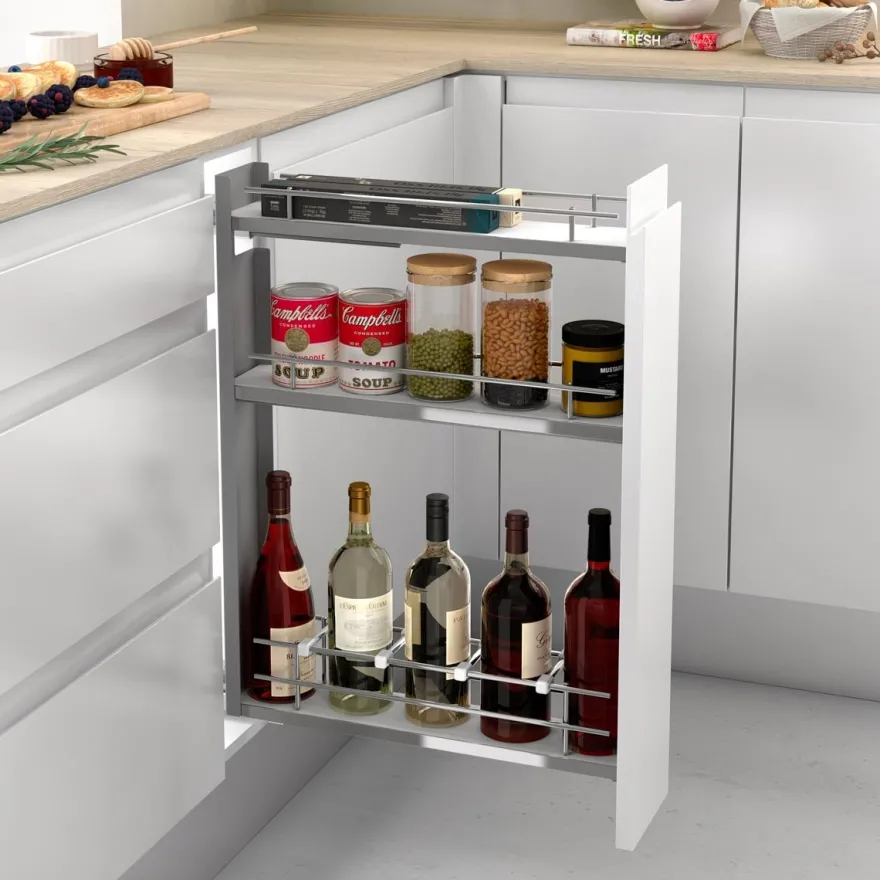 Línea COMPACT - Botellero especiero extraíble de guías laterales con base blanca y 3 bandejas