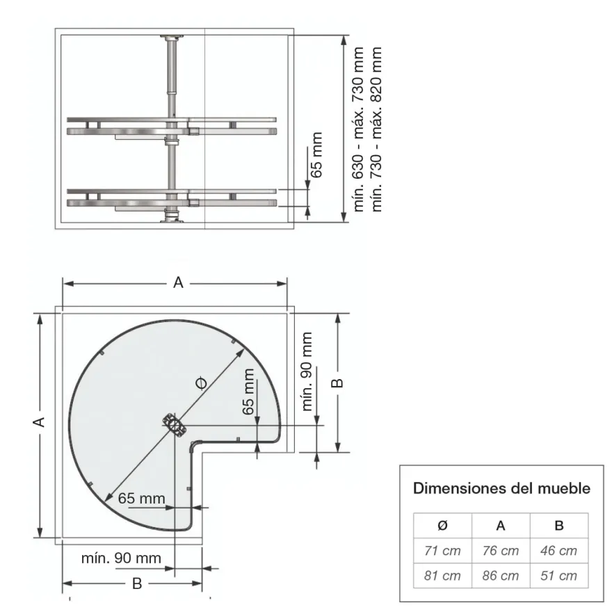 Línea FLAT - Bandeja giratoria 270º Cromo/Blanco con eje central para rinconero