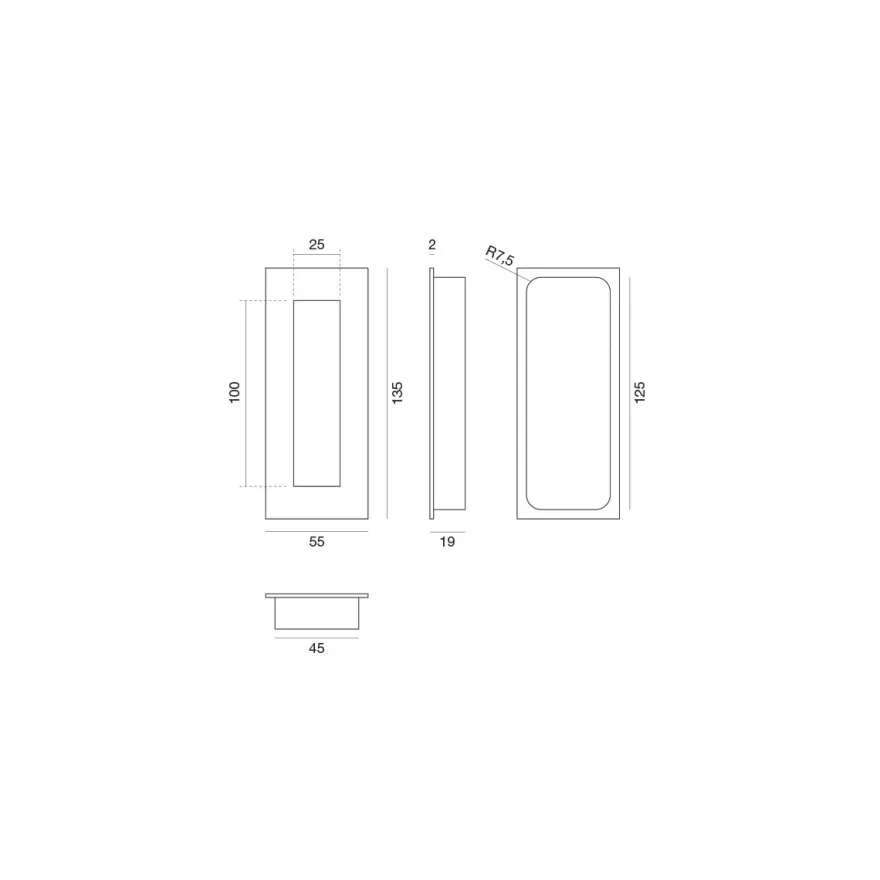 MED - Cazoleta rectangular para encastrar en puerta corredera tornillos ocultos