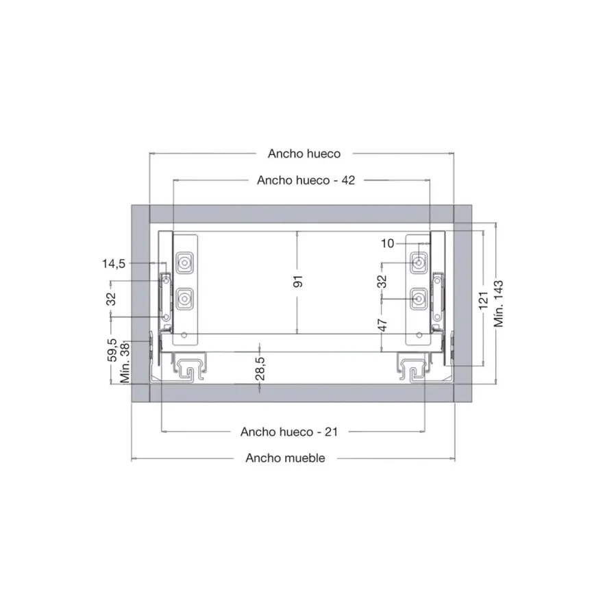 MILAN - Cajón metálico INTERIOR apertura expulsión PUSH (h=185/40 Kg)