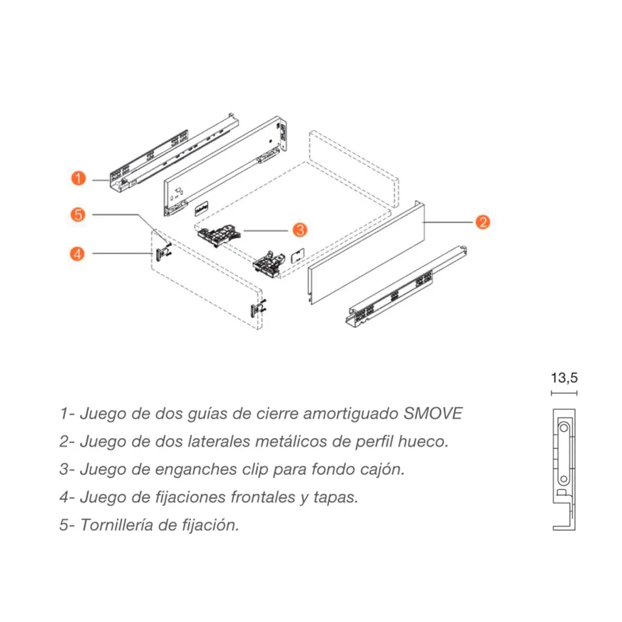 MILAN - Cajón metálico INTERIOR apertura expulsión PUSH (h=185/40 Kg)