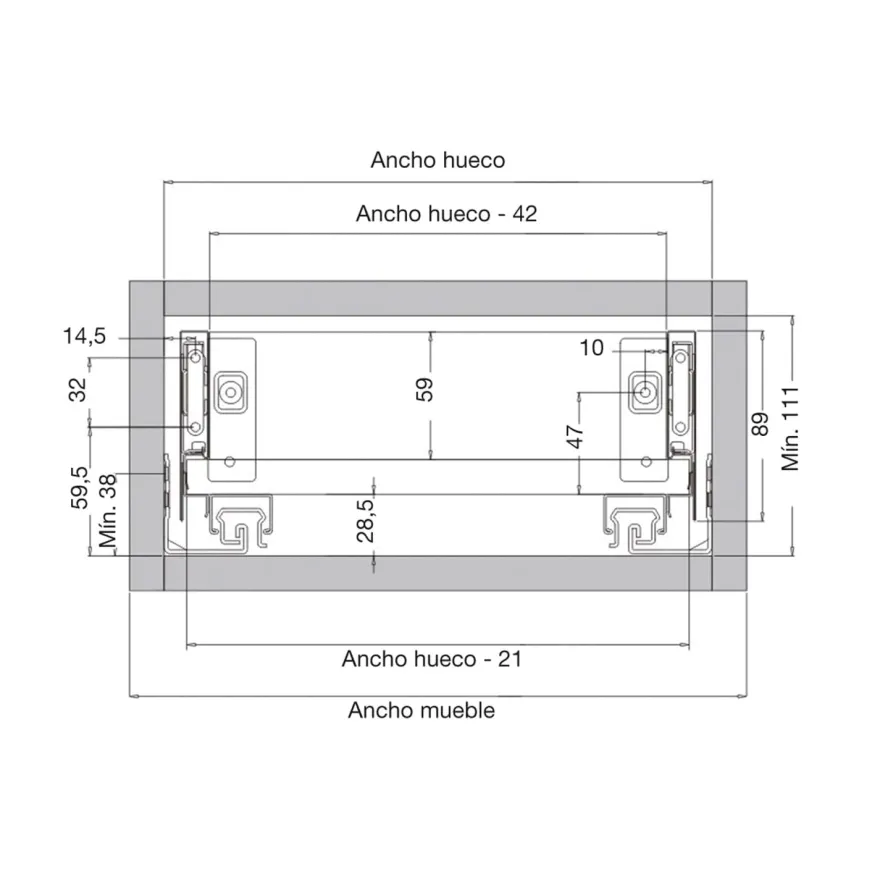 MILAN - Cajón metálico INTERIOR apertura por expulsión PUSH ( h=89/40 Kg)