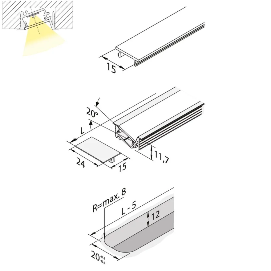 MILLED - Perfil LED asimétrico inclinado para embutir
