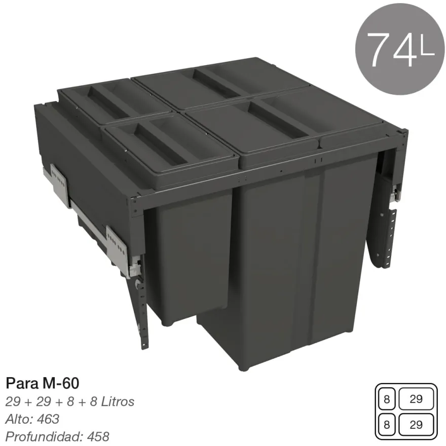 580 PLUS - Cubo de basura de 2 o 4 compartimentos con guías de extracción total con amortiguación