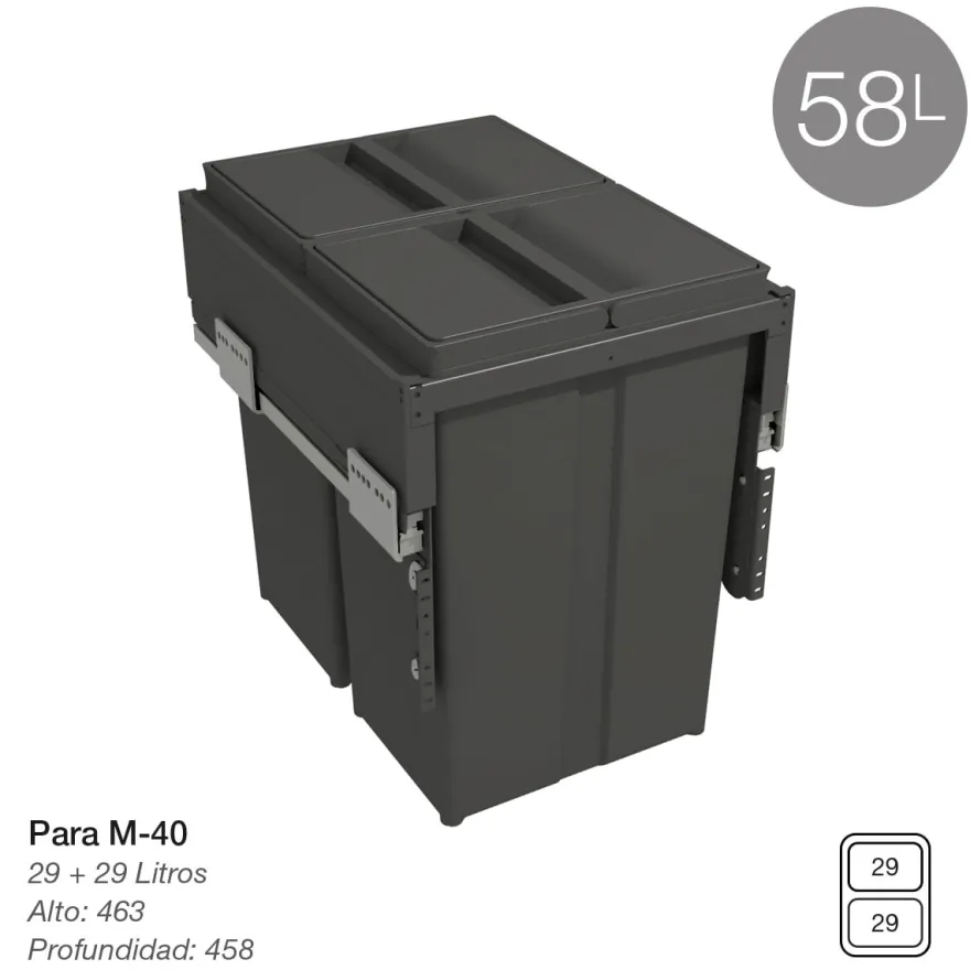 580 PLUS - Cubo de basura de 2 o 4 compartimentos con guías de extracción total con amortiguación