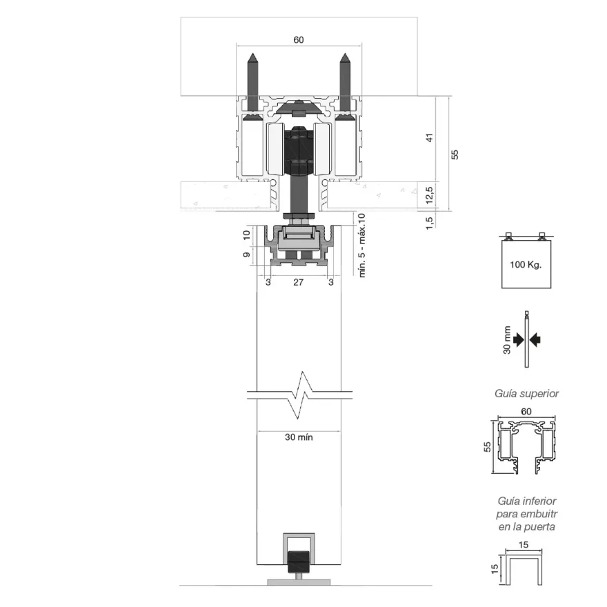 PROSLIDE - Guía empotrable para puertas correderas hasta 100 Kg.