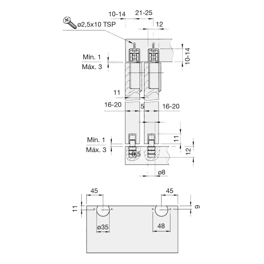 SERIE 350 - Guía inferior oculta para 15 Kg.