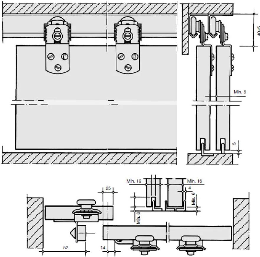 SERIE K-20 - Sistema de puertas correderas suspendidas de armario para 20/30 Kg.