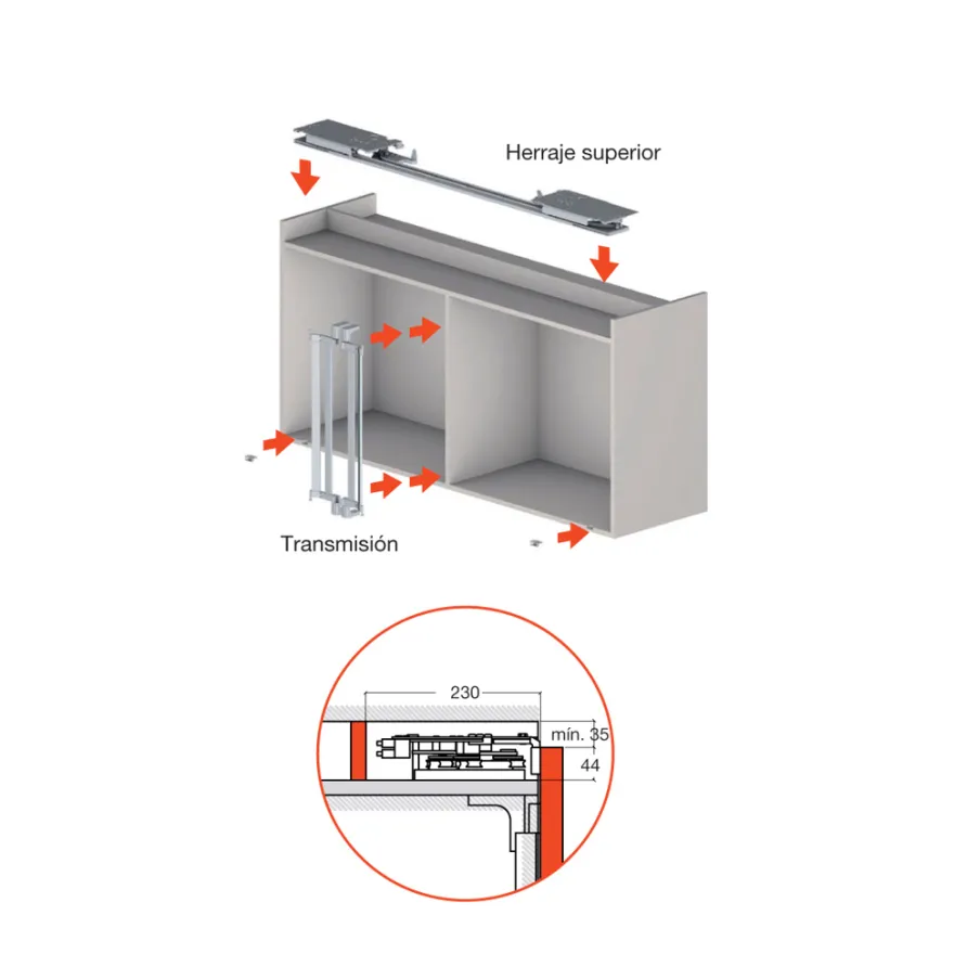 SLIDER S10 Sistema oculto para muebles altos y bajos de 2 puertas correderas hasta 10 Kg.