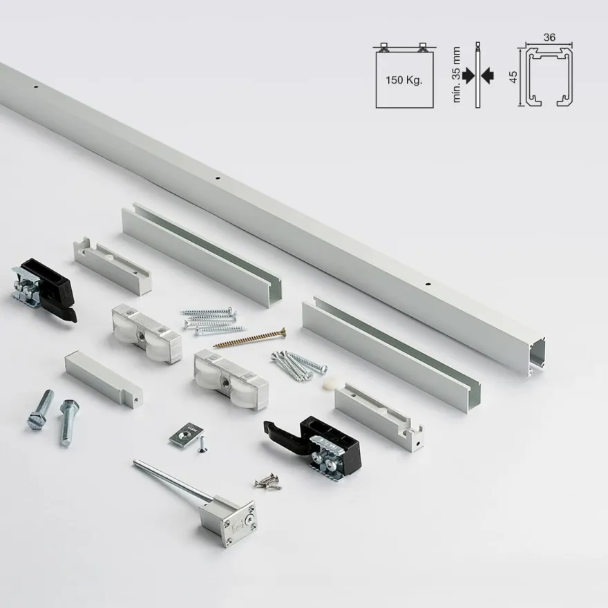 SLID INTRA 150 - Guía entre tabiques y accesorios retráctiles para 1 puerta corredera de madera hasta 150Kg.