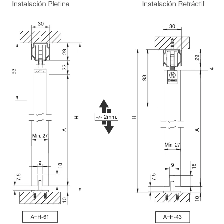 STANDARD - Sistema de perfil visto para puertas correderas de 50 a 80 Kg.
