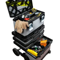 STANLEY - Taller móvil metálico de gran capacidad con bandeja extraíble, 3 cajones, ruedas y asa de transporte